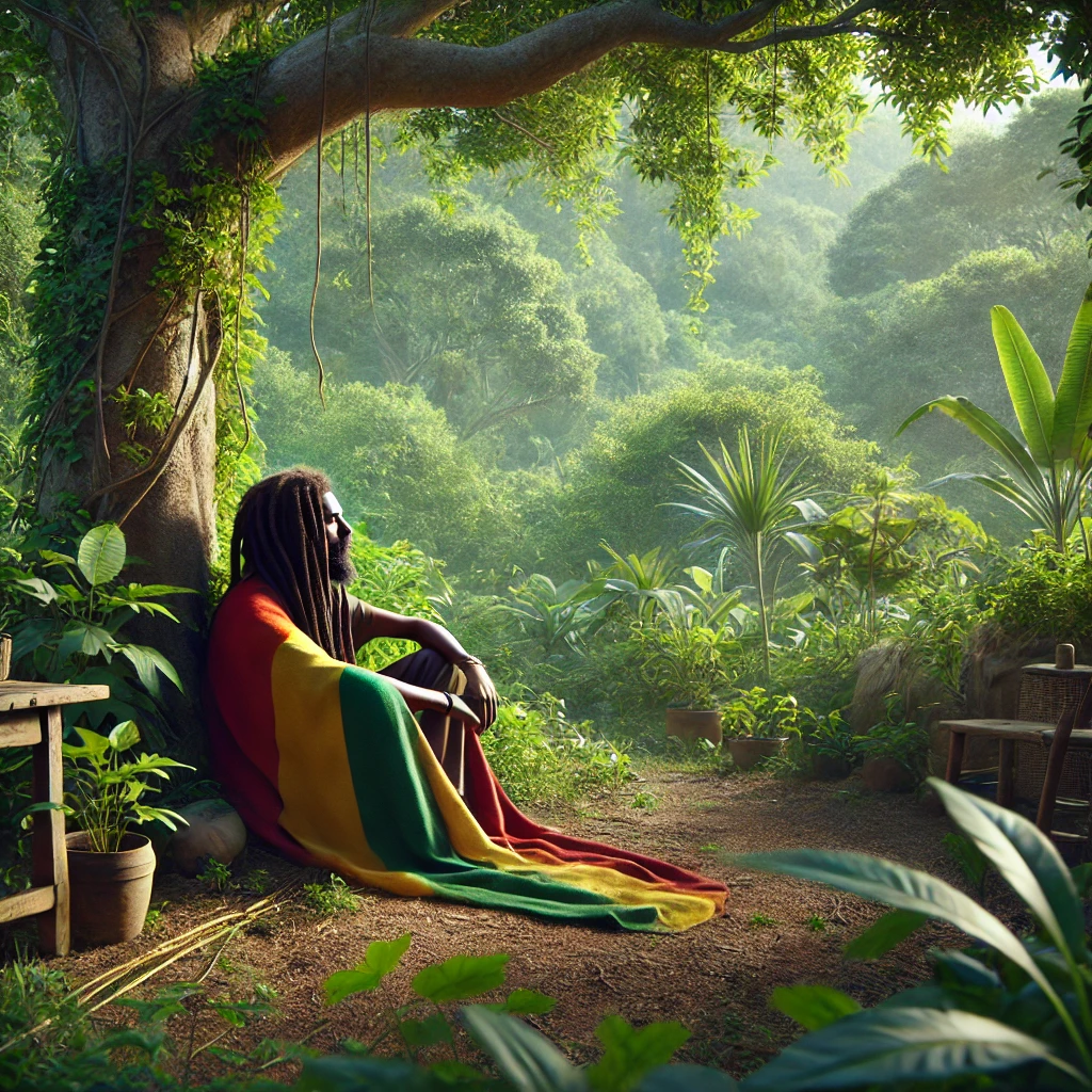 Rasta individual embracing simplicity in nature, surrounded by lush greenery, symbolizing the spiritual and communal connections in Rastafari.