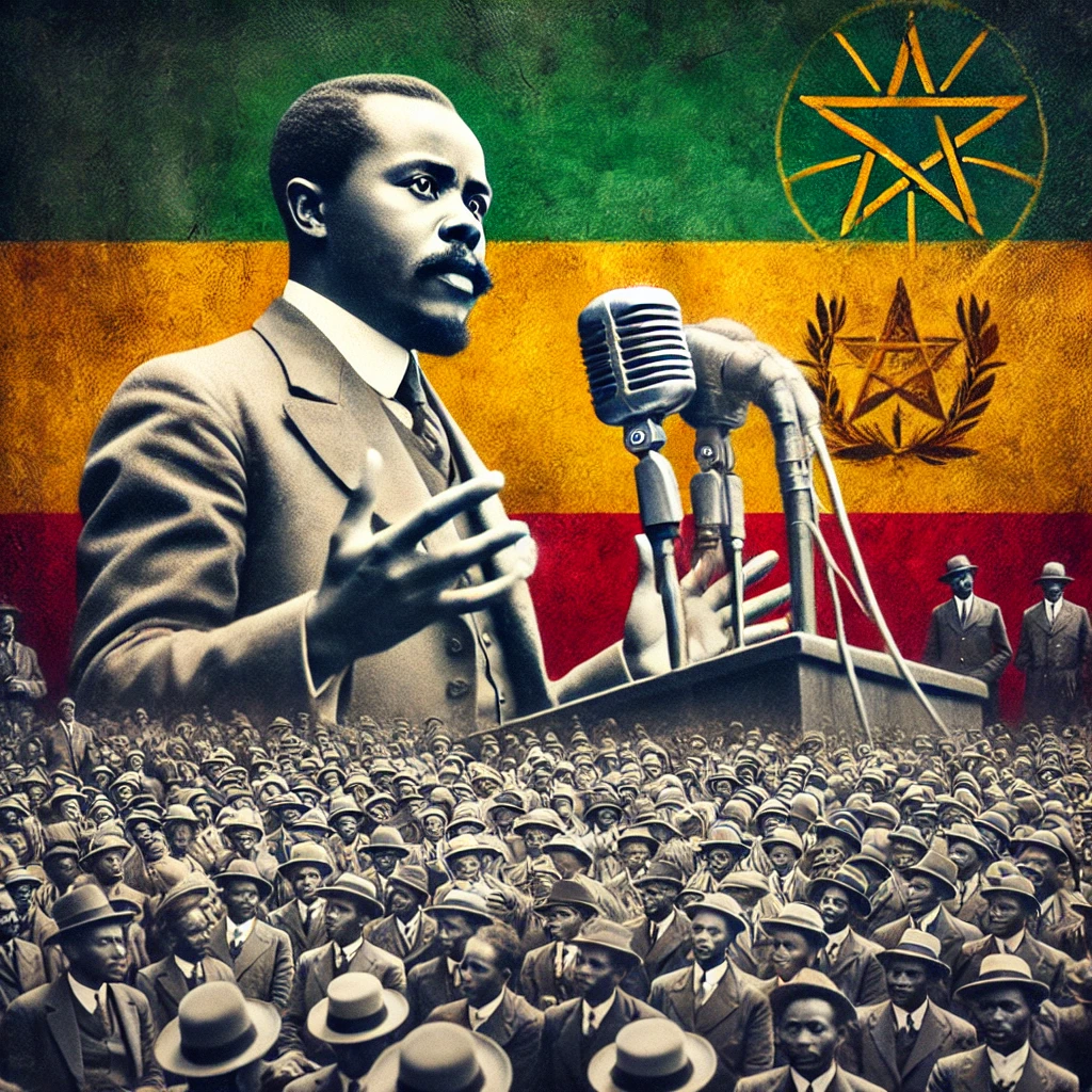 A powerful image of Marcus Garvey speaking to a crowd, symbolizing his influence on Rastafarianism and African unity.