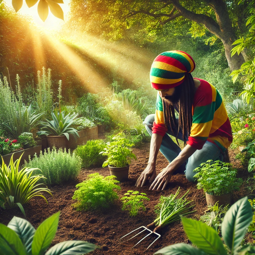 A Rastafarian working in an organic garden, surrounded by natural greenery, practicing sustainable farming, and using natural herbs, reflecting a harmonious relationship with nature.