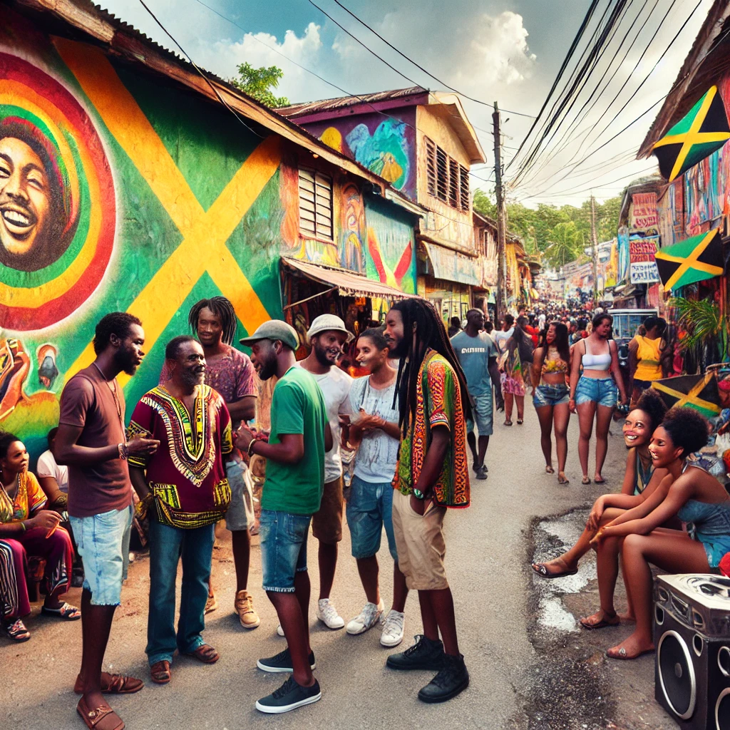 A colorful street scene in Jamaica with locals chatting in Patois, vibrant murals on the walls, and reggae music filling the air, reflecting the island's rich culture.