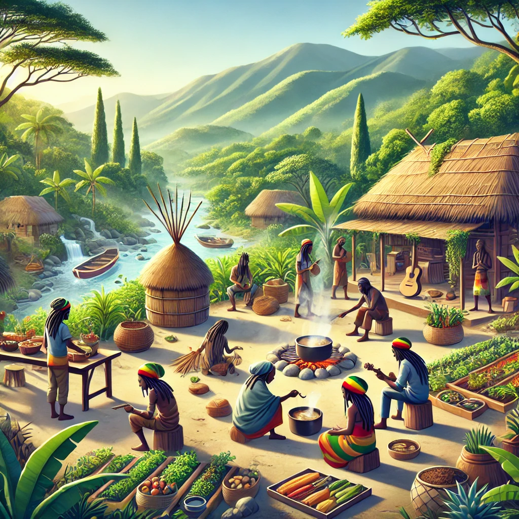 A peaceful scene of the Rastafari Indigenous Village, with Rastafarians engaging in Ital cooking, music, and farming, surrounded by lush nature and mountains.