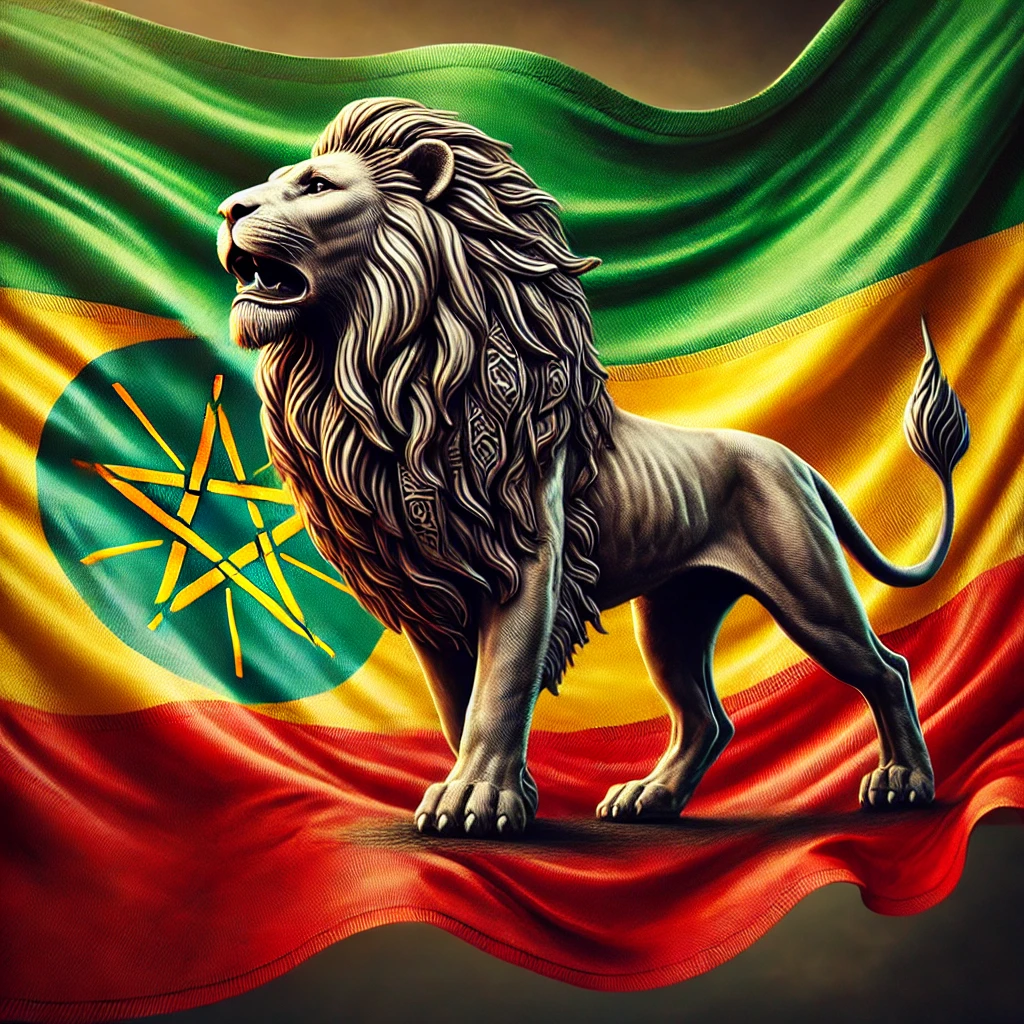 The Lion of Judah proudly displayed on a flag with red, gold, and green colors, symbolizing strength, spirituality, and African heritage in Rastafarian culture.