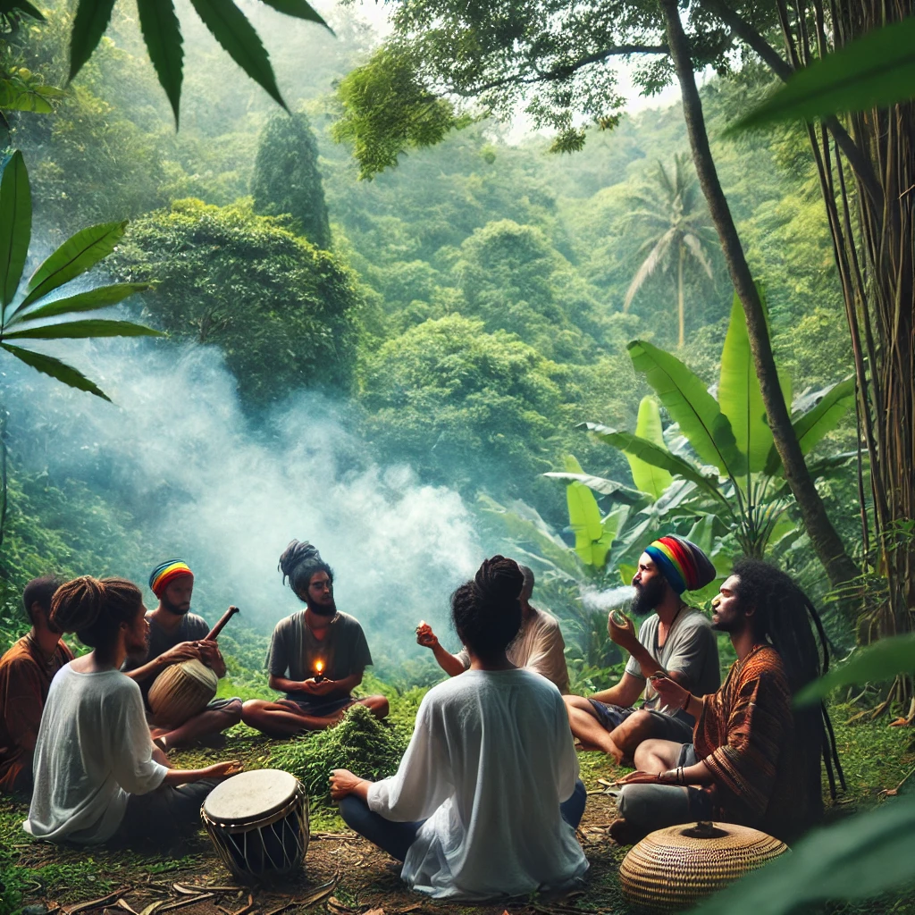 A serene Rastafarian gathering, with people meditating and smoking ganja in a spiritual setting, surrounded by nature, reflecting the sacred use of cannabis in Rastafarian rituals.