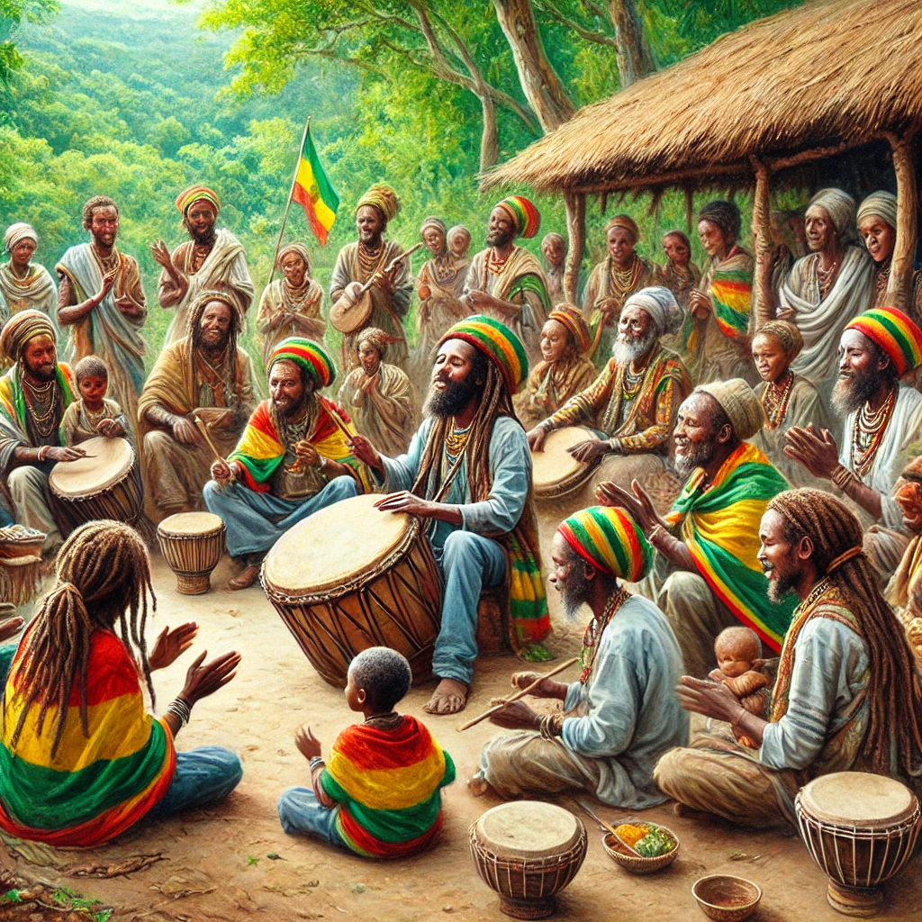 Rastafarians in Shashamane, Ethiopia, participating in daily life with drumming, Ital food, and community, symbolizing the spiritual home of Rastafarianism.