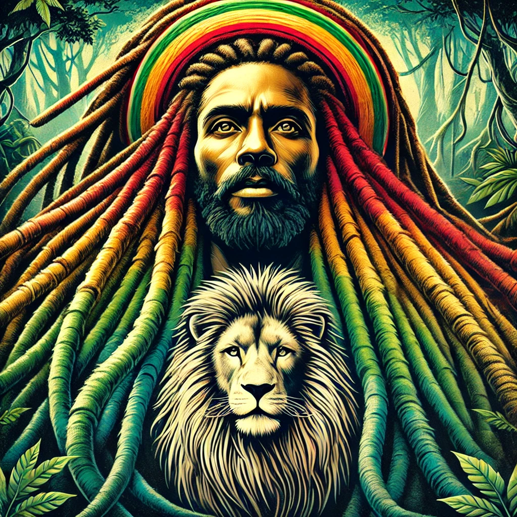 A Rastafarian with long, flowing dreadlocks standing strong, symbolizing spirituality, resistance, and connection to African heritage.