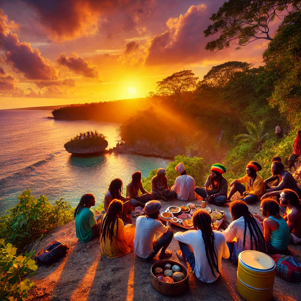 A peaceful Rastafarian gathering on the cliffs of Negril, with the sunset over the Caribbean Sea, Ital food being served, and reggae music playing in the background.