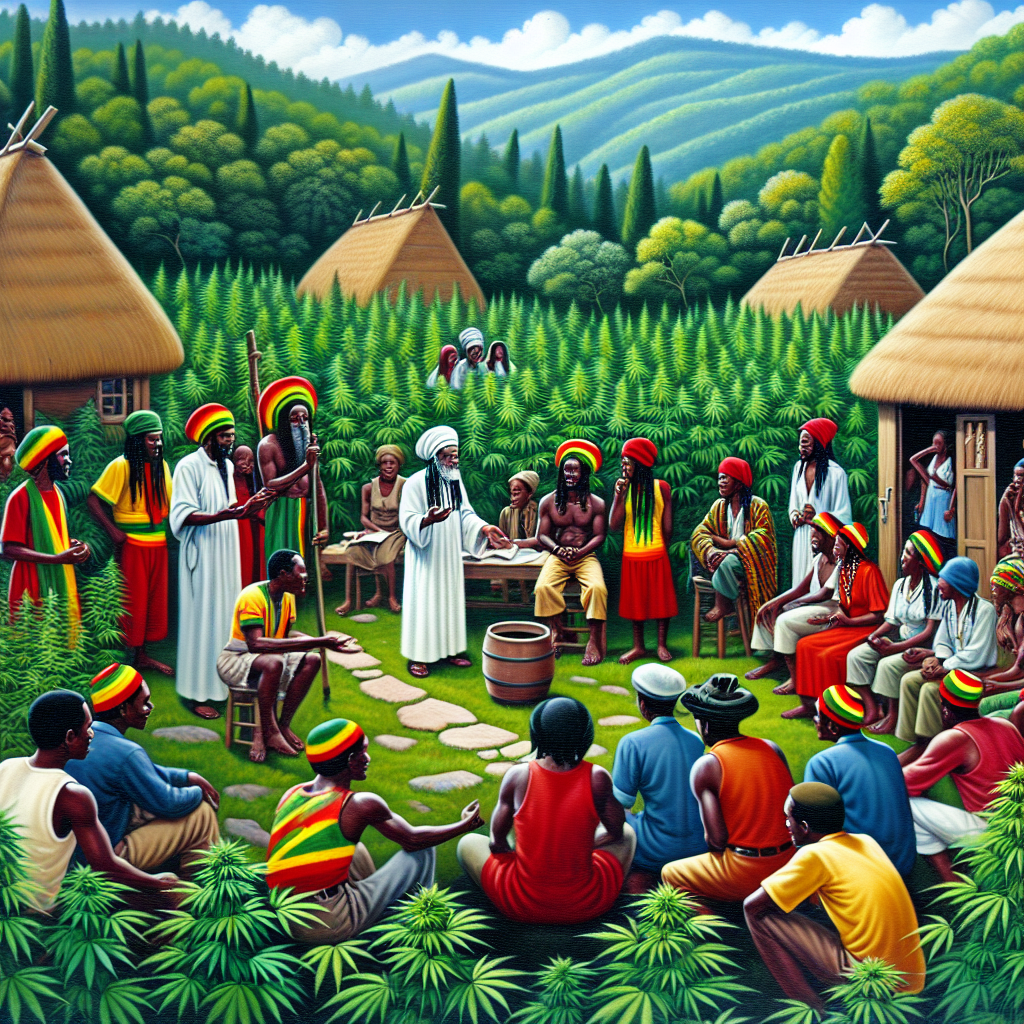 A traditional Jamaican ganja farm with Rastafarians guiding visitors through the fields, participating in a reasoning session and sharing knowledge about the spiritual and medicinal uses of ganja.