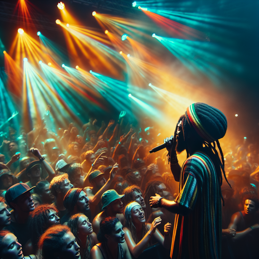 A powerful reggae concert with a Rastafarian singer, colorful lights, and an audience connected through the music, representing the spiritual power of reggae in Rastafarianism.