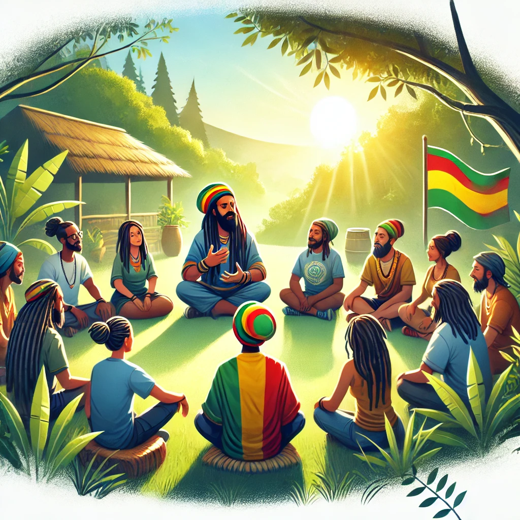 A peaceful Rastafarian sharing proverbs and wisdom in a circle, surrounded by nature, symbolizing Rasta values of unity, love, and strength.