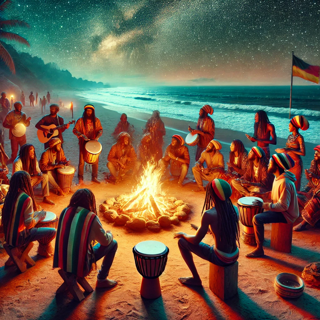 A vibrant beach bonfire scene with Rastafarians playing reggae music, sharing Ital food, and engaging in spiritual reasoning under the stars.