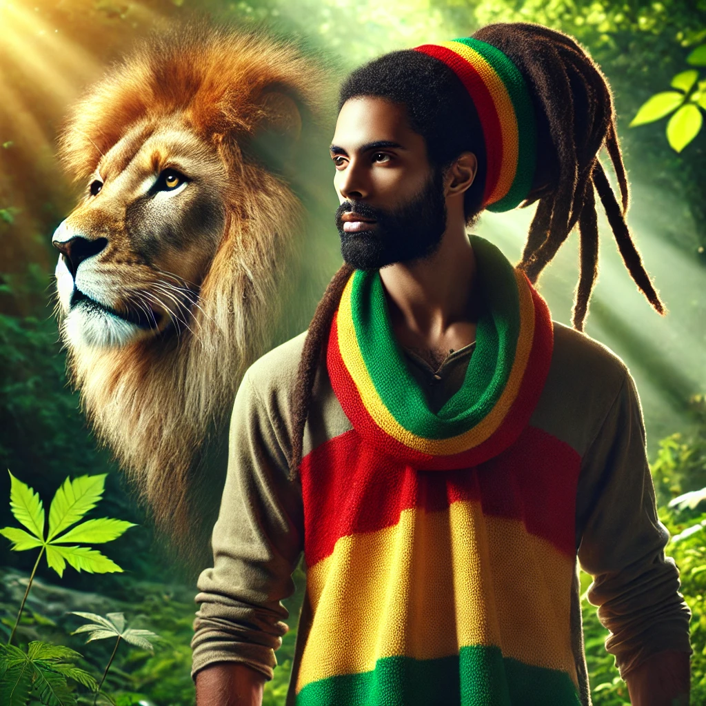 A powerful Rastafarian standing strong, surrounded by nature, symbolizing courage and resilience, with the Lion of Judah subtly represented in the background.