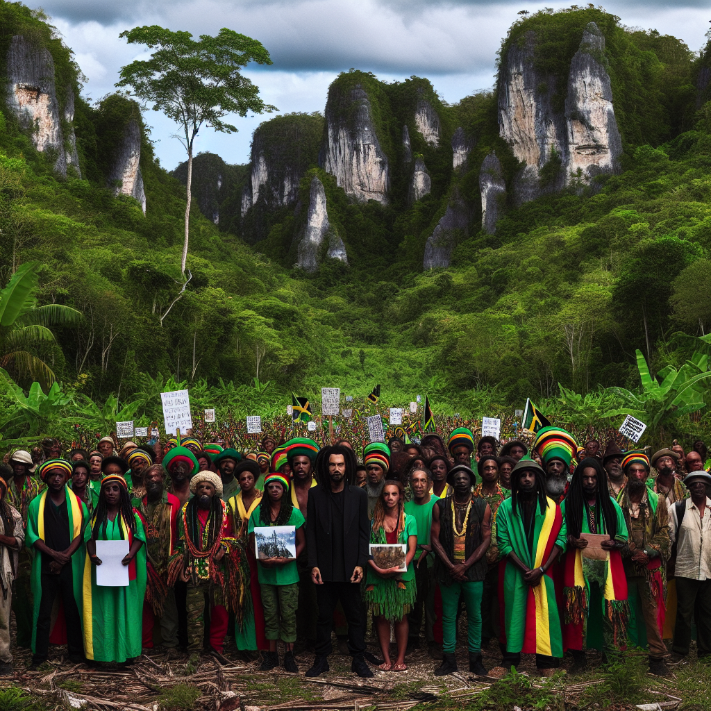 Rastafarians and activists standing together in Cockpit Country, holding signs to protest bauxite mining, surrounded by lush forests and natural beauty.