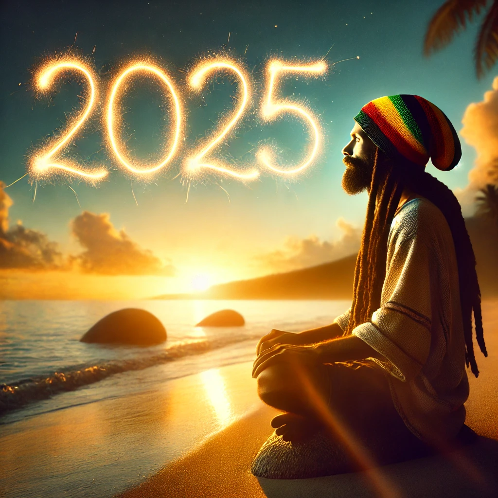 A serene New Year’s Eve scene with a Rastafarian reflecting by the ocean, symbolizing gratitude for the past year and hope for new beginnings in 2025.