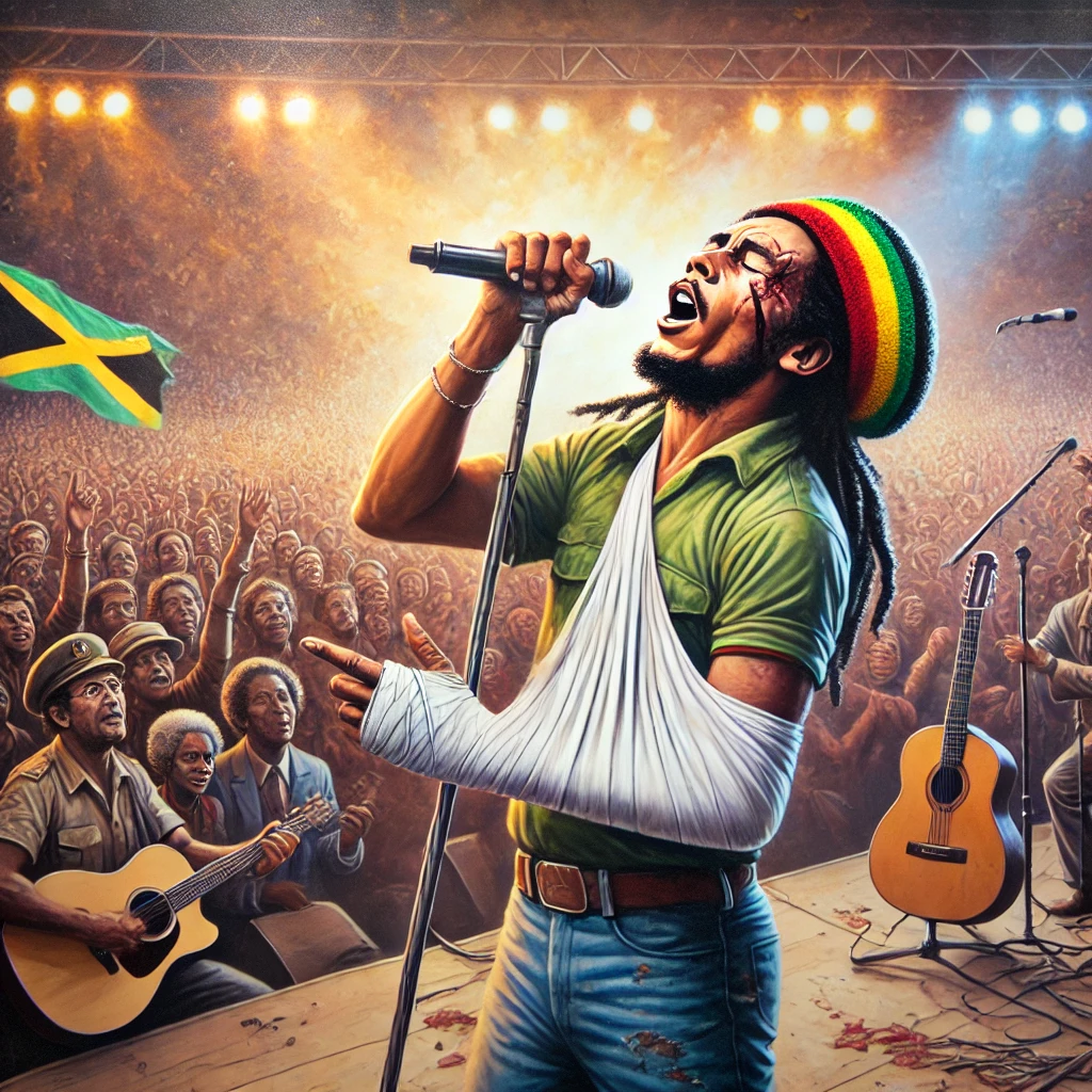 A depiction of Bob Marley on stage during the “Smile Jamaica” concert, with his arm bandaged, symbolizing resilience and his commitment to peace despite an assassination attempt.