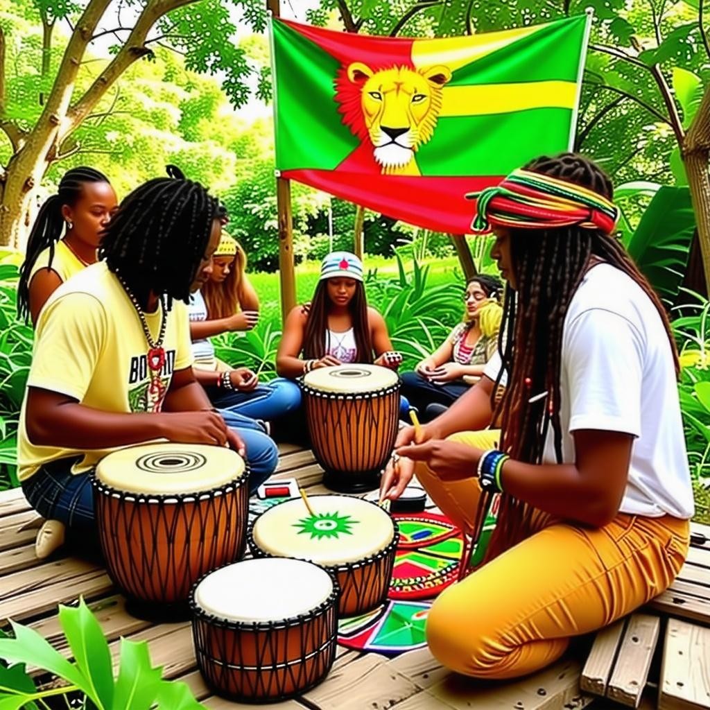 A peaceful Rasta art and music retreat with participants engaged in Nyabinghi drumming, crafting traditional Rasta jewelry, and creating Zion-inspired art. The scene is surrounded by lush nature, vibrant colors, and cultural elements like the Lion of Judah and Ethiopian flag, reflecting the creativity and spirituality of Rastafarian culture.