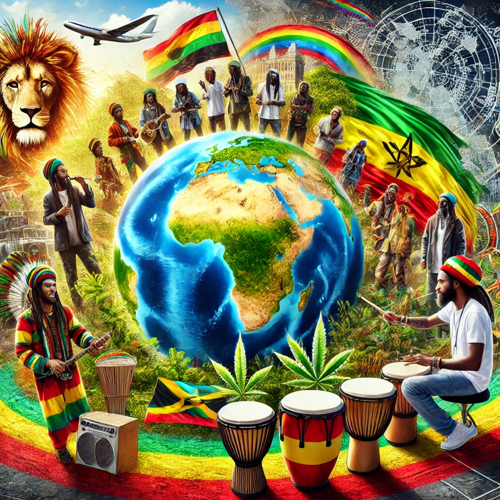 A global scene of Rastafarians united in music, art, and activism, symbolizing the worldwide influence of the Rasta movement on culture and spirituality.