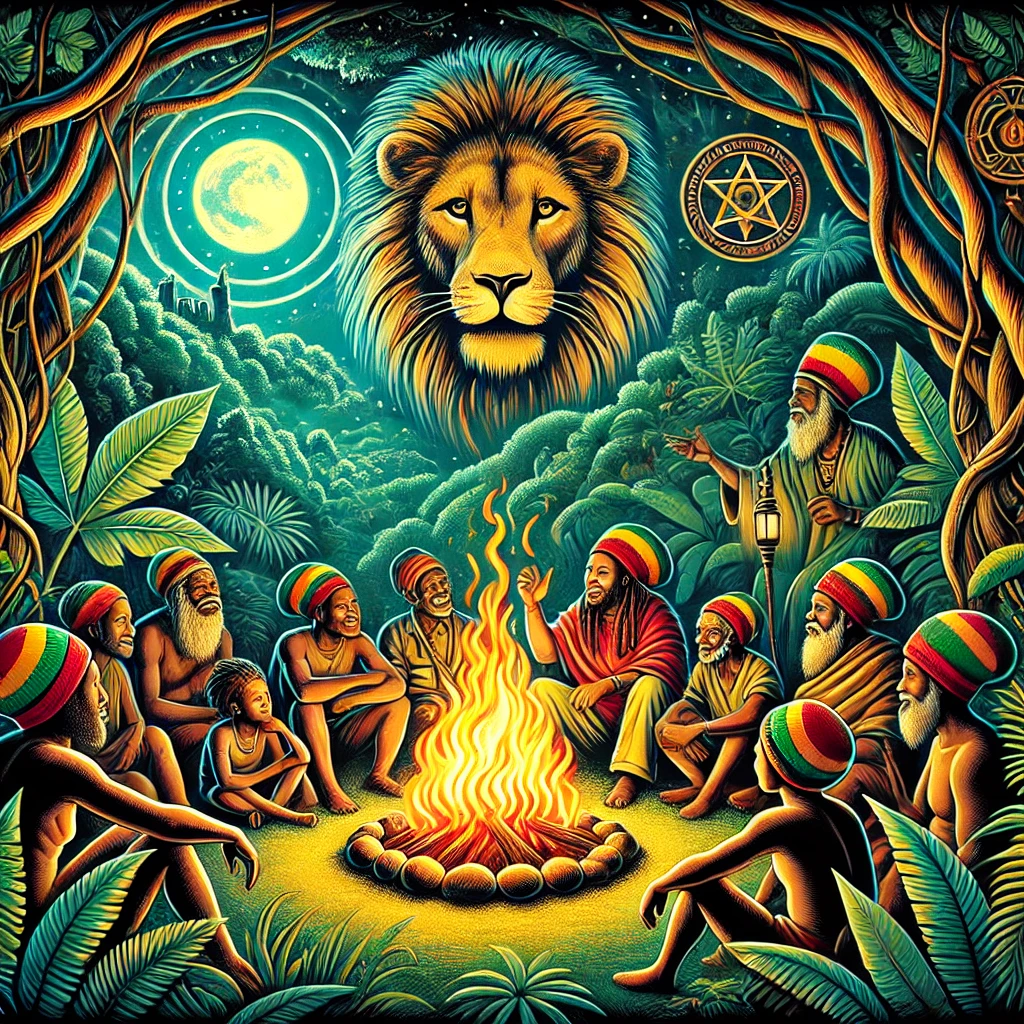 A vibrant illustration of Rastafarians sharing stories around a fire, surrounded by symbols like the Lion of Judah, lush nature, and ancestral figures, symbolizing the richness of Rasta folklore.